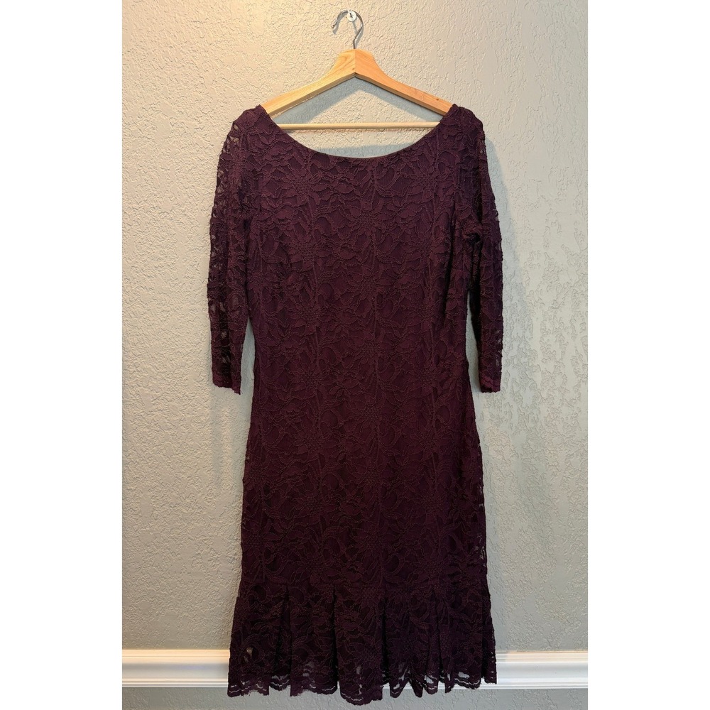 Calvin Klein Purple Floral Lace Sheath Dress 3/4 Sleeve Flounce Hem Size 14